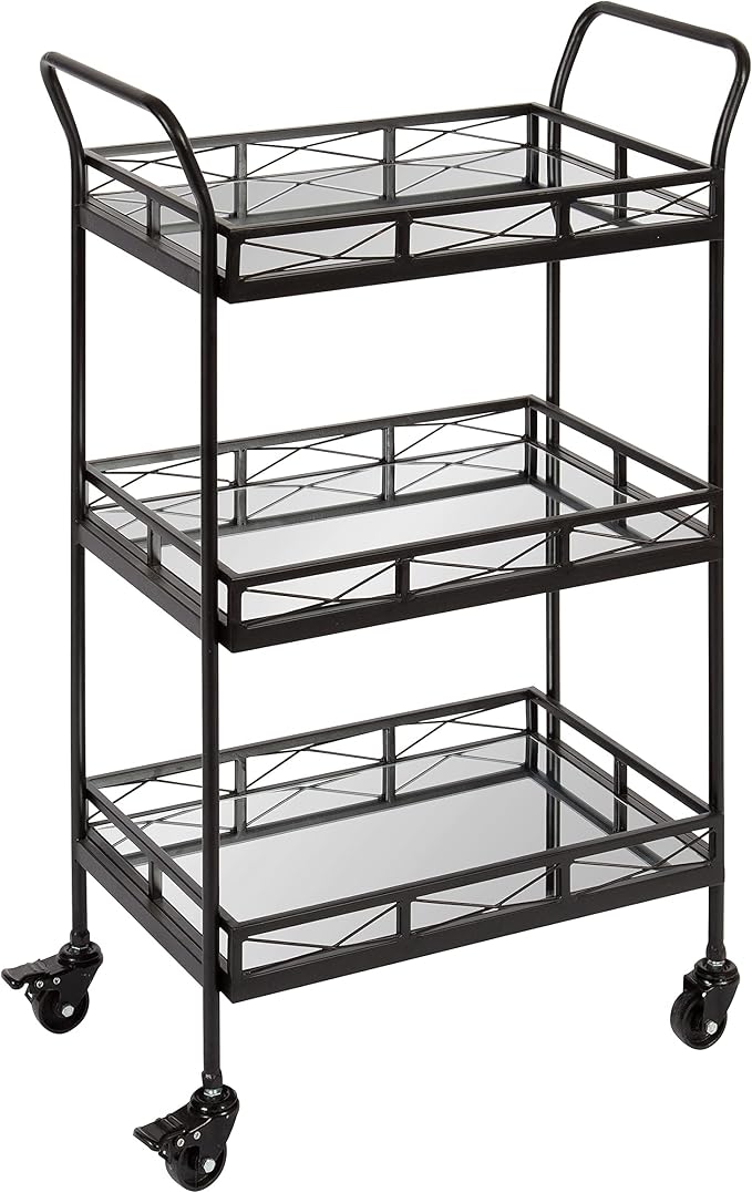 Kate and Laurel Ketia Modern Metal Bar Cart; 23 x 13 x 34; Black; Glamorous Three Tier Bar Cart for Display and Storage
