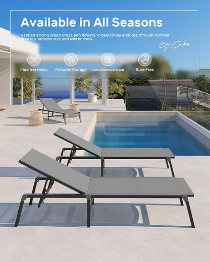 Ciokea Aluminum Chaise Lounge Ourdoor - Foldable & Assemble Free Outdoor Lounge Chair with 5 Adjustable Backrest, Patio Lounge Chair for Outside Poolside Beach Pool, Grey