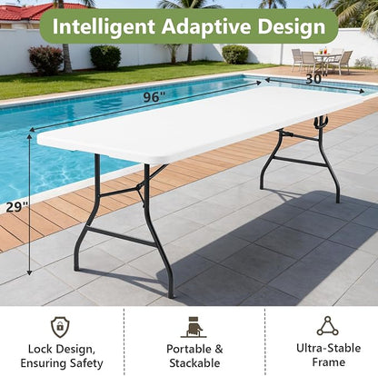 2 Pack 8FT Folding Table, Foldable Picnic Table with Carrying Handle, Heavy Duty Fold-in-Half Portable Table for Weddings, Camping, RV Travel, Parties, and Indoor Use, Easy to Fold and Store, White