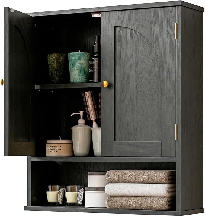 Medicine Cabinet, Over Toilet Storage Cabinet, Bathroom Wall Cabinet with Arched Doors & Adjustable Shelves, Wall Mounted Cabinet with Open Shelf for Bathroom Over Toilet Restroom, Black