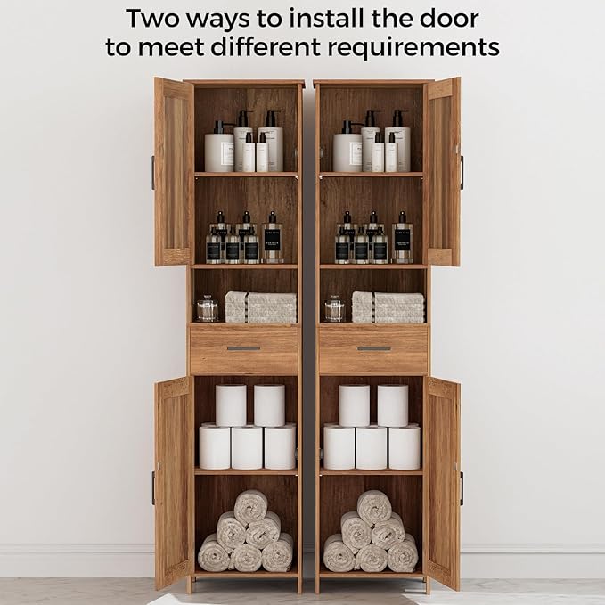 Homhedy 67" H Tall Bathroom Storage Cabinet with Barn Doors and Drawer | Narrow Storage Unit with Adjustable Shelves, Floor Cabinet for Bathroom, Living Room, Entryway,Kitchen,Rustic Walnut, 15.7" W