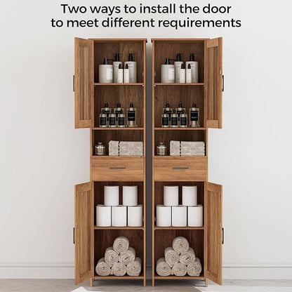 Homhedy 67" H Tall Bathroom Storage Cabinet with Barn Doors and Drawer | Narrow Storage Unit with Adjustable Shelves, Floor Cabinet for Bathroom, Living Room, Entryway,Kitchen,Rustic Walnut, 15.7" W