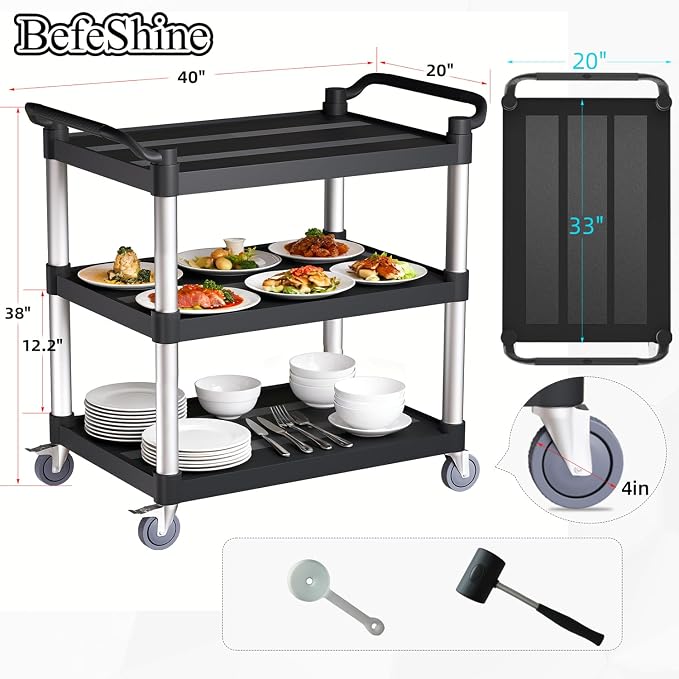 Utility Cart with Tangle-Free Wheels, Large Size 3 Tier Restaurant Cart | 2 with Brakes, Heavy Duty 450 Lbs Capacity,Commercial Serving Cart for Home, Office, Restaurant, Warehouse.