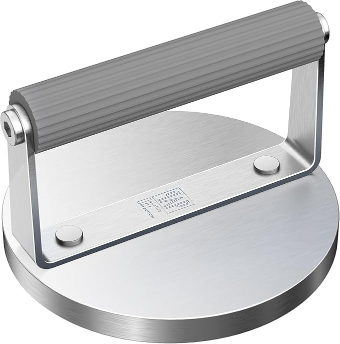 The Artisan Sear Press by QAP | Heavy Duty 1.95kg Stainless Steel Grill Press for Smashed Burgers, Steak, Fish & Salmon | Professional Meat & Seafood Weight |163mm Round BBQ Hot Plate Accessory BP1-01