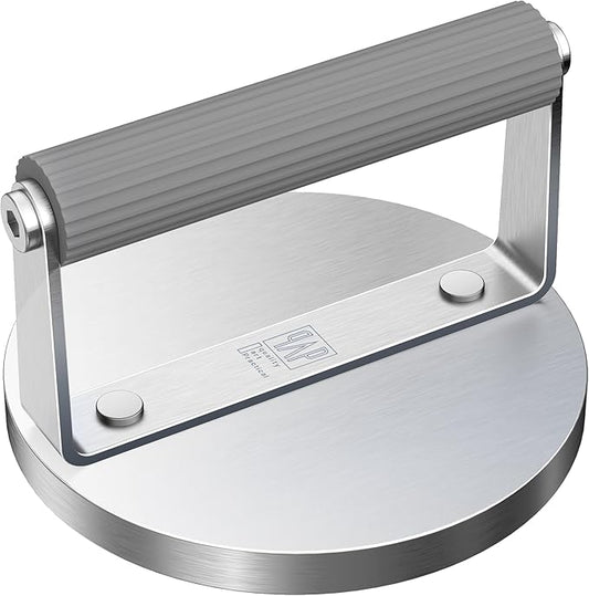 The Artisan Sear Press by QAP | Heavy Duty 1.95kg Stainless Steel Grill Press for Smashed Burgers, Steak, Fish & Salmon | Professional Meat & Seafood Weight |163mm Round BBQ Hot Plate Accessory BP1-01