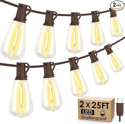 Larkvue 50FT(2x25FT) Outdoor String Lights, Patio Lights with 20+2 LED Dimmable Waterproof ST38 Vintage Shatterproof Bulb for Bistro Cafe Fence, Brown