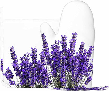 Mxocom Lavender Flowers Oven Mitts and Pot Holders Sets Purple Blooming Flower Silicone Heat Resistant Kitchen Oven Gloves Pot Holder for Cooking