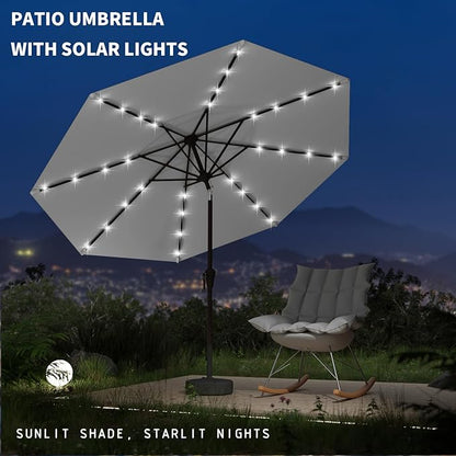 9FT Patio Umbrella with Solar Lights,Outdoor Market Umbrella with Tilt and Crank, LED Lighted Table Umbrella for Garden,Deck,Backyard,Pool,Beach (Light Gray)