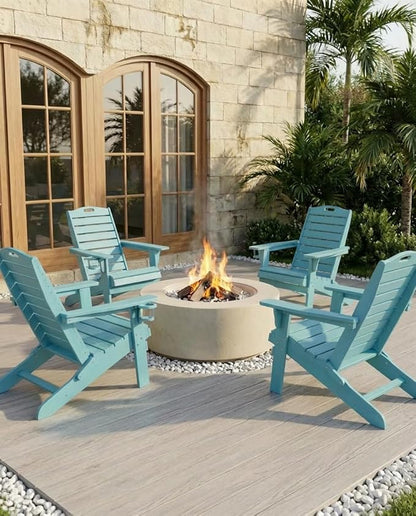 Adjustable Adirondack Chairs Set of 2 with Retractable Ottoman, HDPE Folding Adirondack Chair with Cup Holders, Weather Resistant for Backyard, Poolside & Fire Pit (Lake Blue)