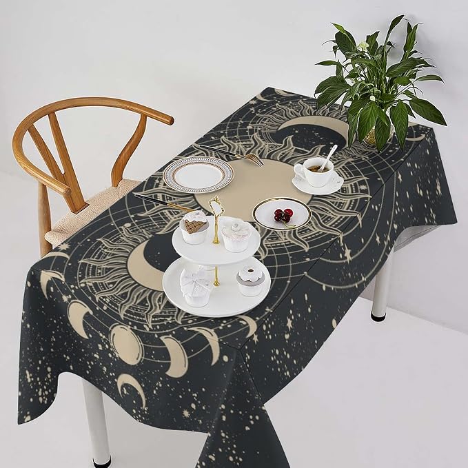 Vintage Tarot Tablecloth Boho Mystical Astrologer Zodiac Full Moon Phases Star Galaxy Space Table Cloth Water Resistant Wipeable Table Cover for Picnic Party Holiday Kitchen Dinner Table 60"x120"