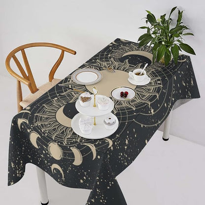 Vintage Tarot Tablecloth Boho Mystical Astrologer Zodiac Full Moon Phases Star Galaxy Space Table Cloth Water Resistant Wipeable Table Cover for Picnic Party Holiday Kitchen Dinner Table 60"x120"