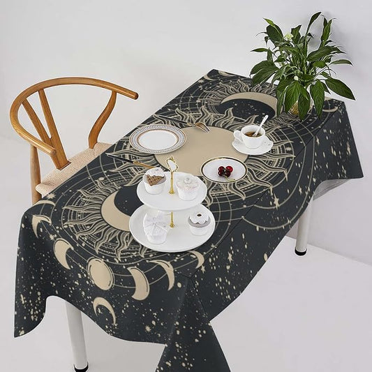 Vintage Tarot Tablecloth Boho Mystical Astrologer Zodiac Full Moon Phases Star Galaxy Space Table Cloth Water Resistant Wipeable Table Cover for Picnic Party Holiday Kitchen Dinner Table 60"x110"