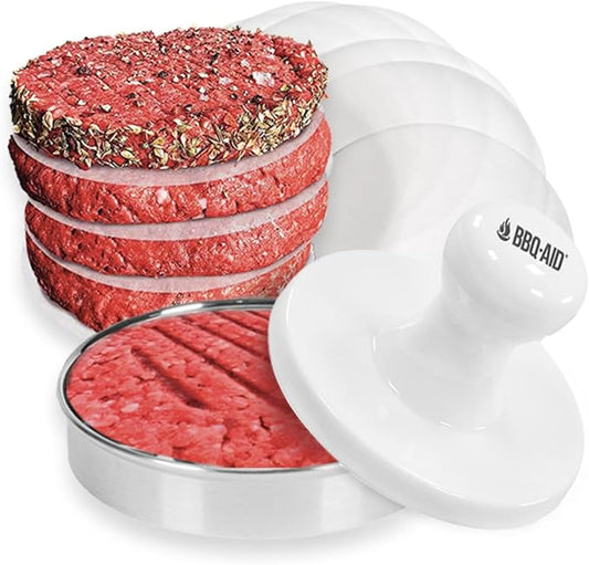 BBQ-Aid Porcelain Burger Press 5"- Round Burger Smasher for Grilling Evenly, Stuffed Burgers- Hamburger Press Patty Maker Perfect for Flat Top Griddle Grill Cooking, Stainless Steel Burger Press