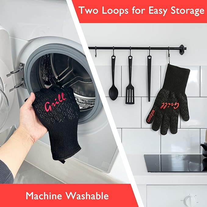 COOLJOB Heat Proof Resistant BBQ Oven Smoker Gloves, Reinforced Thick Aramid for Grill Up to 1472℉, Non-Slip Silicone Grippy Gloves for Cooking Meat, Bread or Hot Pizza in Kitchen, One Size