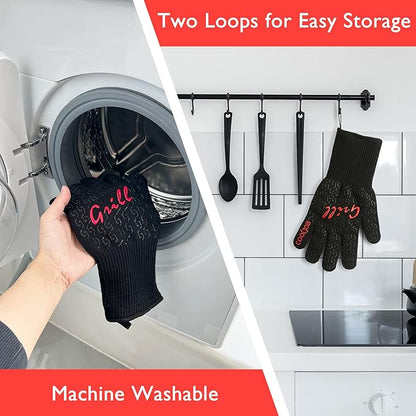 COOLJOB Heat Proof Resistant BBQ Oven Smoker Gloves, Reinforced Thick Aramid for Grill Up to 1472℉, Non-Slip Silicone Grippy Gloves for Cooking Meat, Bread or Hot Pizza in Kitchen, One Size