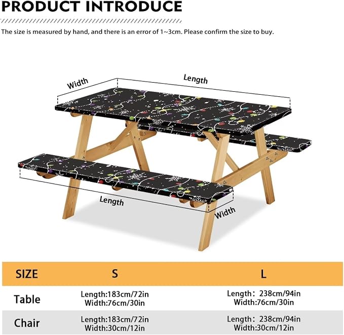 Elastic Fitted Table Cloth for Camping Party Supplies Christmas Pattern Picnic Table Cover with Bench Covers 3 PCS for Outdoor BBQ Camping