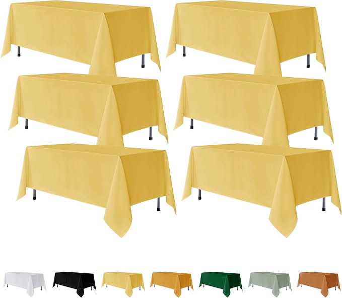 Fitable 6 Pack Yellow Tablecloths for Rectangle Tables, 70 x 120 Inch | Wrinkle & Stain Resistant, Washable Polyester Fabric Cloth Cover, For Wedding, Party, Banquet, Formal Events