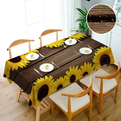Swono Tablecloth 52"X70" Sunflowers, Garden Sunflowers Wooden Board Rectangle Table Cover Anti-Oil Tablecloth for Dining Tables, Parties, Wedding and Banquet Decoration