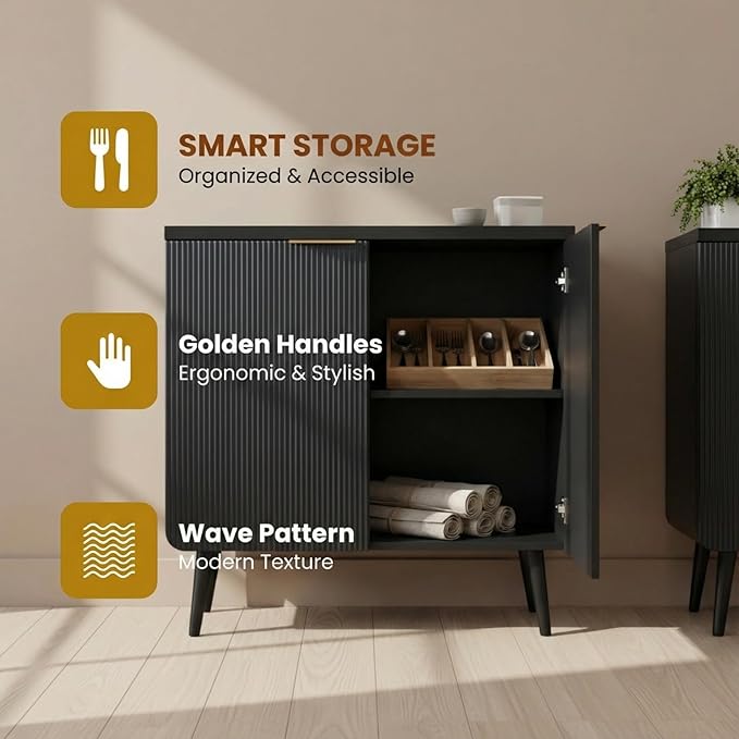 29.5" Modern Fluted Sideboard Cabinet with 2 Doors, Wood Storage Credenza with Shelves, Multi-Purpose Buffet Cabinet for Entryway, Dining & Living Room, Black