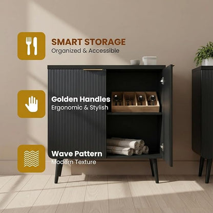 29.5" Modern Fluted Sideboard Cabinet with 2 Doors, Wood Storage Credenza with Shelves, Multi-Purpose Buffet Cabinet for Entryway, Dining & Living Room, Black