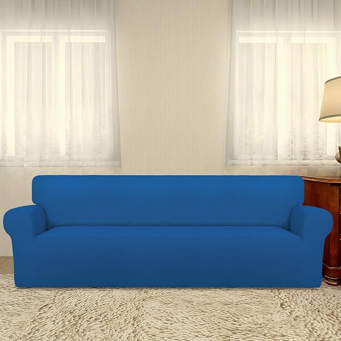 PureFit Stretch Couch Covers for Sofa 4 Seater Slipcovers Classic Blue | 1-Piece Sofa Cover Washable Soft Couch protector, Couch Slipcover with Non Skid Foam and Elastic Bottom for Kids, Dogs