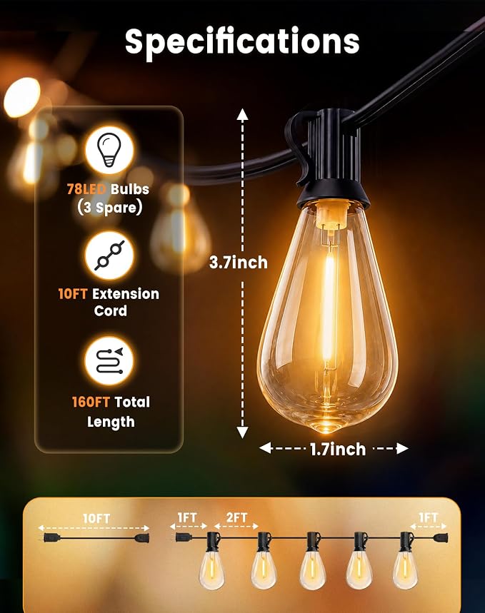 Outdoor String Lights 160FT(150+10) Waterproof, 75 LED S14 Shatterproof Edison Bulbs, 2FT Spacing, Extension Cord, Connectable Plug in Hanging Patio Lights for Outside, Backyard, Warm White