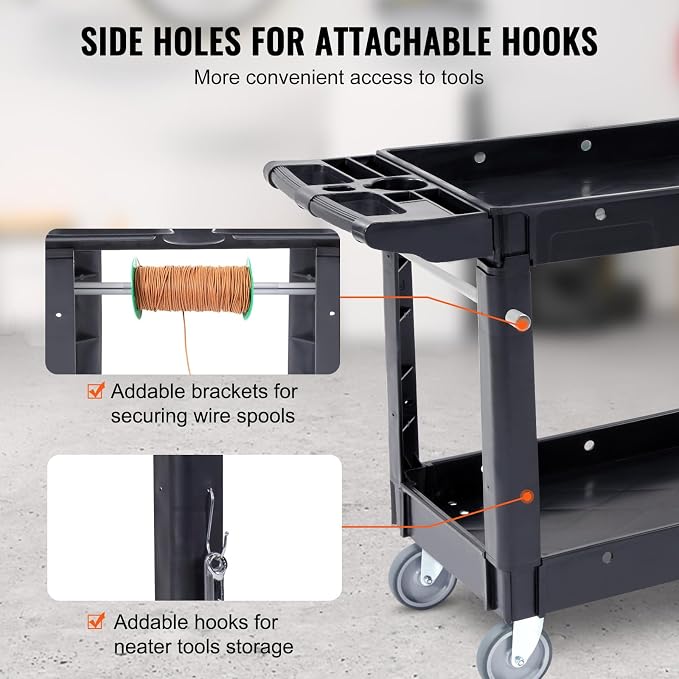 VEVOR Utility Service Cart, 2 Shelf 550LBS Heavy Duty Plastic Rolling Utility Cart, Medium Lipped Shelf, 360° Swivel Wheels, Ergonomic Storage Handle for Warehouse Garage, Black | Heavy Duty Rolling Cart with 360° Swivel Wheels, Medium Lipped Shelf, Er...