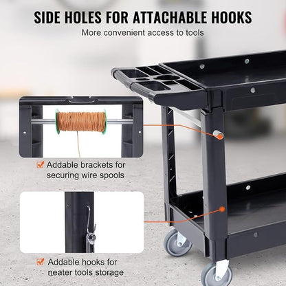 VEVOR Utility Service Cart, 2 Shelf 550LBS Heavy Duty Plastic Rolling Utility Cart, Medium Lipped Shelf, 360° Swivel Wheels, Ergonomic Storage Handle for Warehouse Garage, Black | Heavy Duty Rolling Cart with 360° Swivel Wheels, Medium Lipped Shelf, Er...