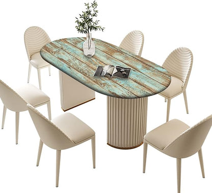 Wood Grain Fitted Oval Tablecloths, Green Rustic Weathered Wooden Planks Windproof Polyester Table Covers, Fits to 48x68 in Tables, Table Cloths for Indoor Restaurant Outdoor Terrace Dining Decor
