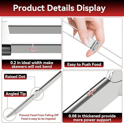 Stainless Steel Kabob Skewers, 16"（12PCS）, Double Pronged Flat with Slider