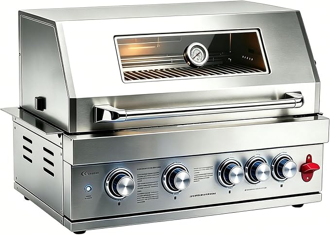 28in Gas Grill Built-In Head, 5-Burner Propane Grill, Natural Gas/Charcoal Convertible,Heavy Duty 304 Stainless Steel with Rear Burner，63100-BTUs BBQ Island Kitchen Gas Grill Outdoor Cooking