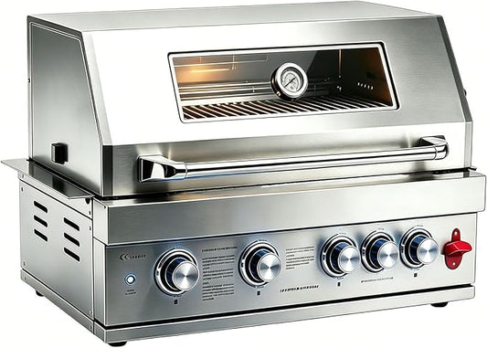 28in Gas Grill Built-In Head, 5-Burner Propane Grill, Natural Gas/Charcoal Convertible,Heavy Duty 304 Stainless Steel with Rear Burner，63100-BTUs BBQ Island Kitchen Gas Grill Outdoor Cooking