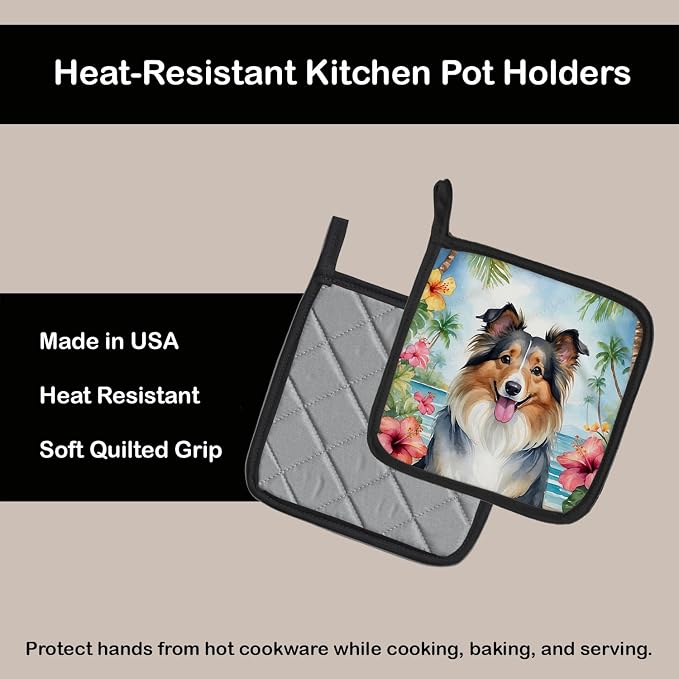 Caroline's Treasures Sheltie Luau Pair of Pot Holders Kitchen Heat Resistant Pot Holders Sets Oven Hot Pads for Cooking Baking BBQ, 7 1/2 x 7 1/2