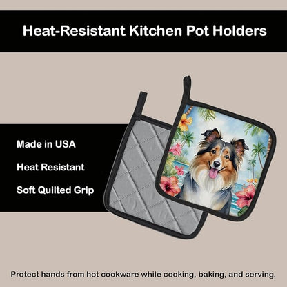 Caroline's Treasures Sheltie Luau Pair of Pot Holders Kitchen Heat Resistant Pot Holders Sets Oven Hot Pads for Cooking Baking BBQ, 7 1/2 x 7 1/2
