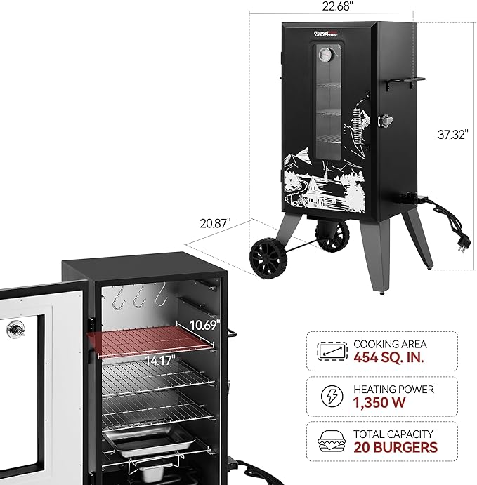 SE2806 28-Inch Analog Electric Smoker With 3 Chrome-plated Smoking Racks, Clear Viewing Window, 454 Sq. In. Cooking Area in Total, 1350W Output, Adjustable Temperature Control, Black