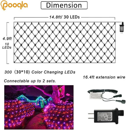 Pooqla Orange and Purple Halloween Net Lights Outdoor, 15x 5ft Green Wire | 300 LED Large Net Mesh Lights Plug in, 8 Modes Waterproof Connectable Bushes Lights for Halloween Hedge Yard Decor