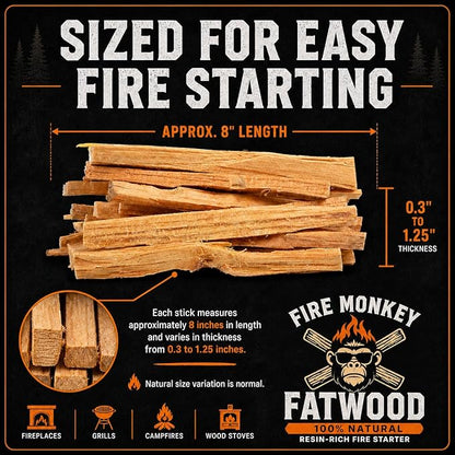 Fatwood Fire Starter Sticks 10 LB Box by Fire Monkey | 100% Natural Resin-Rich Fat Wood Fire Starters | for Fireplace, Fire Pit, Campfire, BBQ Grill, Charcoal & Wood Stove | Lights Fast, Burns Hot