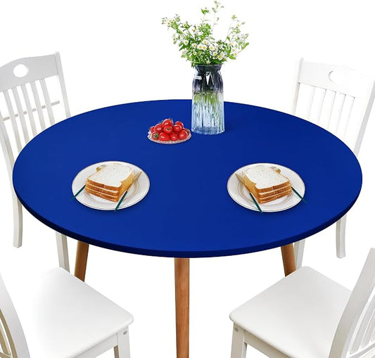 NEWISHER Round Fitted Table Cover Spandex Stretch Tablecloth 60 inch | Elastic Edged Table Cloth, Blue Table Top Cover, Washable Tablecloth for Dining Picnic Patio