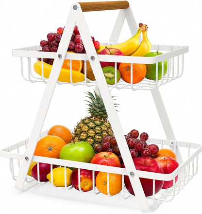 mahueeol 2-Tier Countertop Fruit Basket with Wooden Handle, Detachable | Detachable metal baskets with wooden handle for fruits, vegetables, bread and snacks in kitchens, pantries or dining rooms