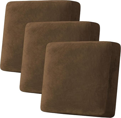 H.VERSAILTEX Velvet Stretch Couch Cushion Cover Plush Cushion Slipcover for Chair Loveseat Sofa Cushion Furniture Protector Seat Cushion Sofa Cover (3 Piece XL Sofa Cushion Covers, Bronze Brown)