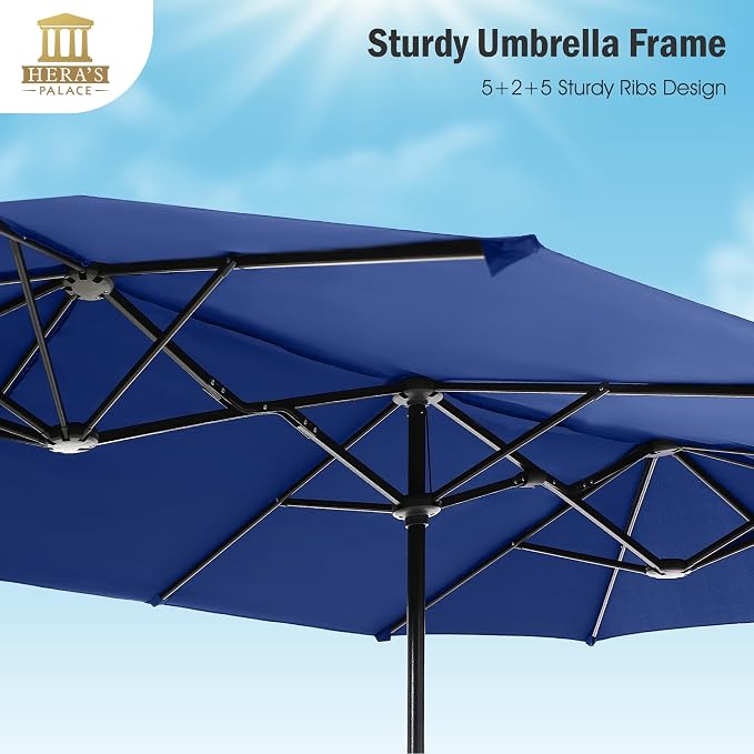 HERA'S PALACE 13 ft Large Patio Umbrella, Double-Sided Twin, Outdoor Market Umbrella with Crank Handle, Powerful UV Protective, Haze Blue