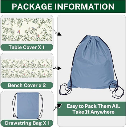 Picnic Table Cover with Bench Covers, Botanical Bird, 3PCS, 72 Inch | Camper Fitted Tablecloth with Bench Elastic Edges Waterproof Essentials with Drawstring Bag