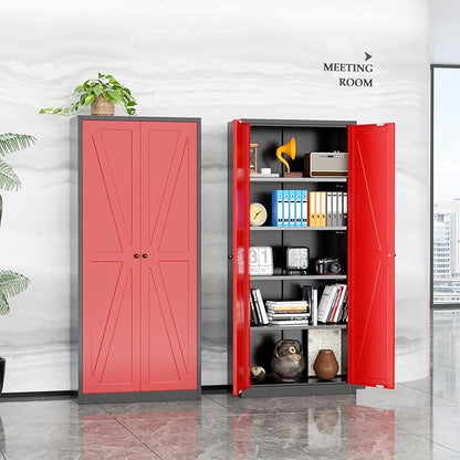 INTERGRAET 63" H Pantry Cabinet, Kitchen Pantry Storage Cabinets with 2 Doors and 4 Shelves, Metal Storage Cabinet,Cupboard for Home,Kitchen,Living Room/Dining, Black Red