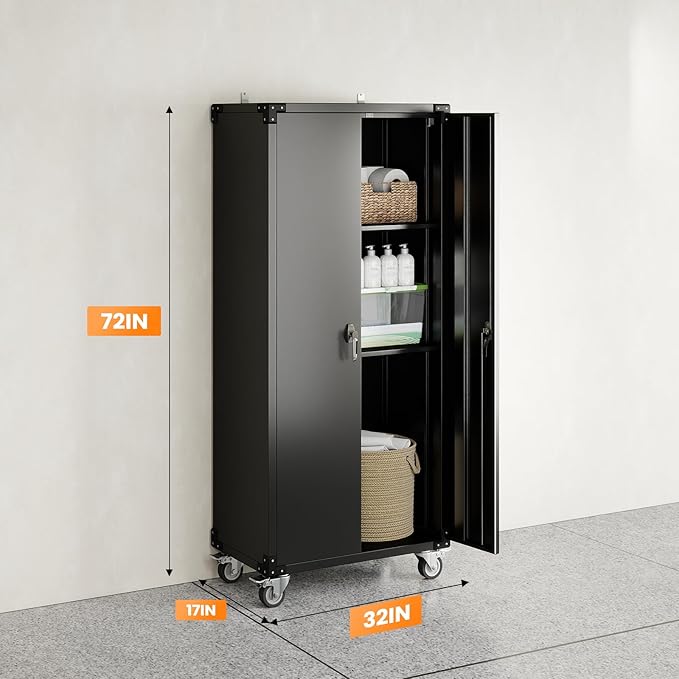 DUMOS 72 Inch Garage Storage Cabinet, Tool Organizer, Lockable File Cabinet | Tall Rolling Metal Steel Frame Storage with Lockable Wheels and Adjustable Shelves, Fits Home Office Warehouse, Black