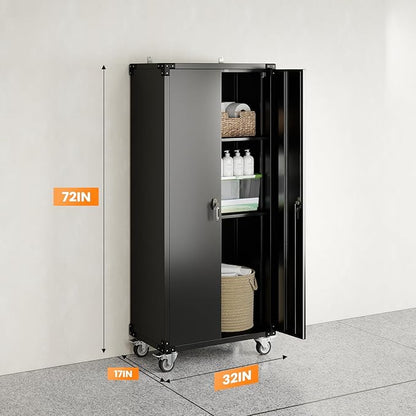 DUMOS 72 Inch Garage Storage Cabinet, Tool Organizer, Lockable File Cabinet | Tall Rolling Metal Steel Frame Storage with Lockable Wheels and Adjustable Shelves, Fits Home Office Warehouse, Black