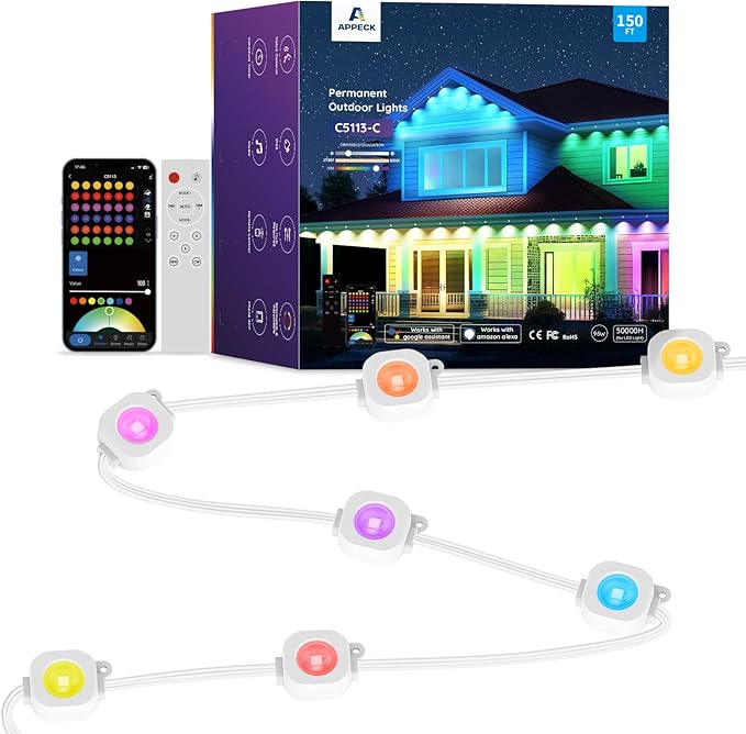 APPECK RGBW Permanent Outdoor Lights 150ft with108 Lights,White | 111+ Scenes Modes Outdoor Lighting, APP Control Eaves Lights Compatible with Alexa, for Decorations, Daily