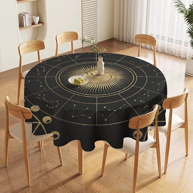 Retro Sun Moon Phases Round Tablecloth Vintage Star Magical Galaxy Space Table Cloth Water Resistant Wipeable Table Cover for Farmhouse Picnic Party Holiday Kitchen Dinner Table 36"