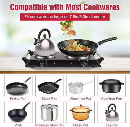 Electric Countertop Double Burner, 1800W Cooktop with Crystal Glass Hot Plate, 5-Level Stepless Temperature Control, Stay Cool Handles, Easy to Clean, Compatible Cooking Stove for Office Home RV