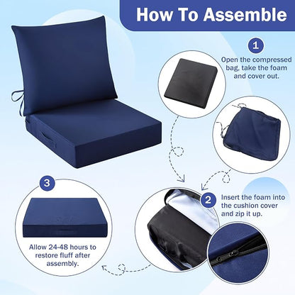 Outdoor Chair Cushions, 24 x 24 Inch Outdoor Cushion for Patio Furniture, Patio Chair Cushion, Waterproof & Fade Resistant Deep Patio Furniture Cushions Set with Handle and Ties, Navy Blue (Set of 2)