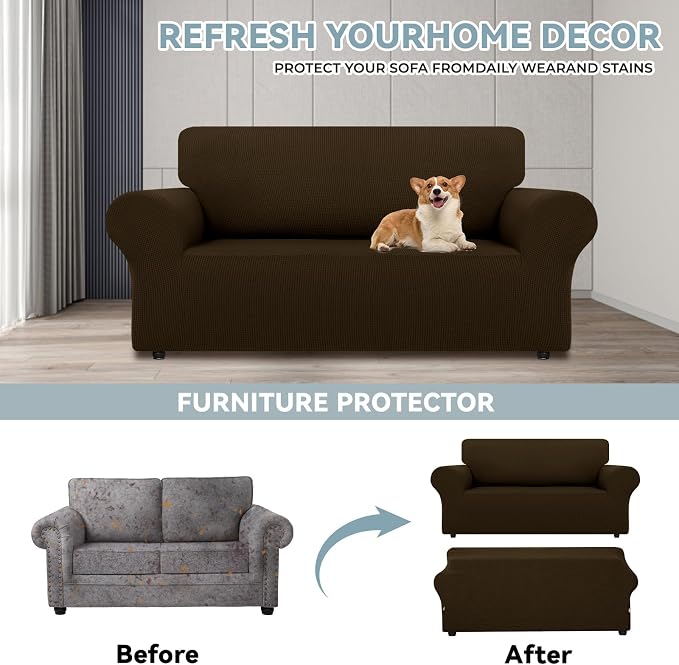 LURKA Stretch Loveseat Couch Cover, 1 Piece 2 Cushion Sofa Slipcover, Brown | Soft Stretch Jacquard, Fits 55"-78" Loveseats, Elastic Bottom for Secure Fit, Machine Washable, Pet & Kid Friendly